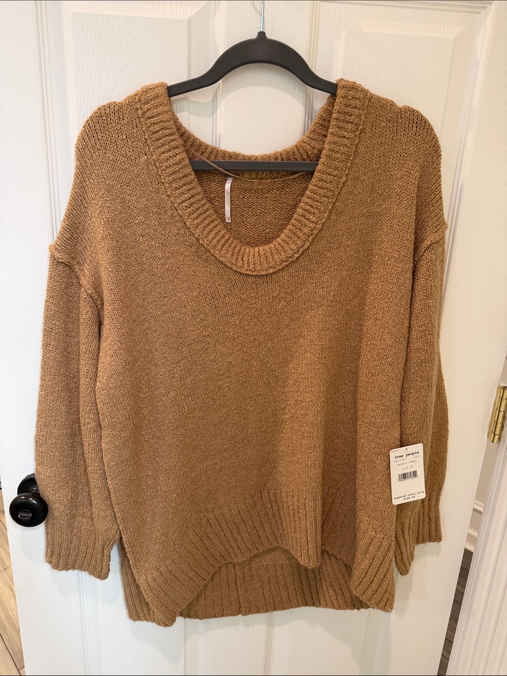 Free People Scoop Neck Oversized Sweater in Camel Brown NWT